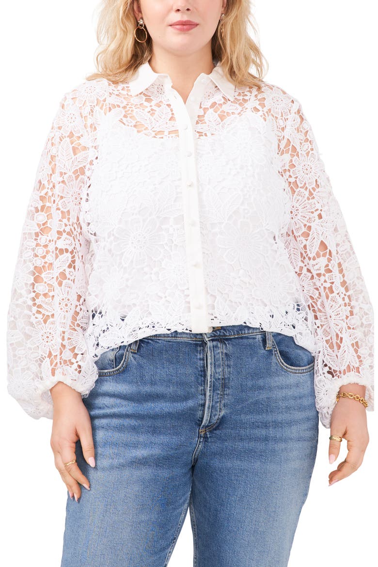 Eyelet Balloon Sleeve Button-Up Blouse, Main, color, ULTRA WHITE