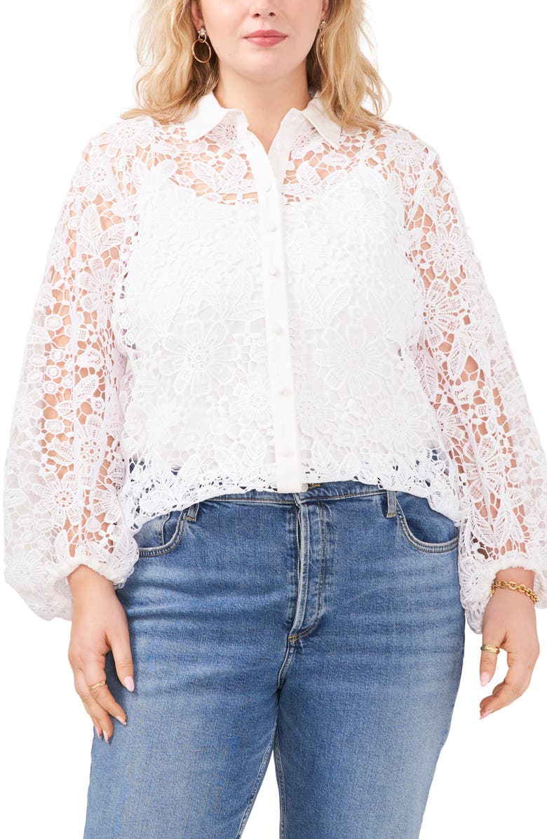 Vince Camuto Eyelet Balloon Sleeve Button-Up Blouse, Main, color,