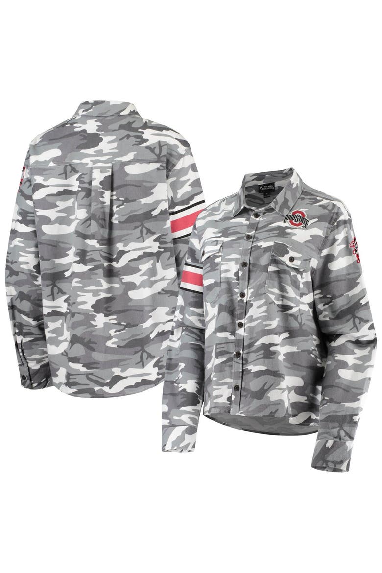 Women's The Wild Collective Gray Ohio State Buckeyes Camo Flannel Button-Up Long Sleeve Shirt, Main, color, Gray