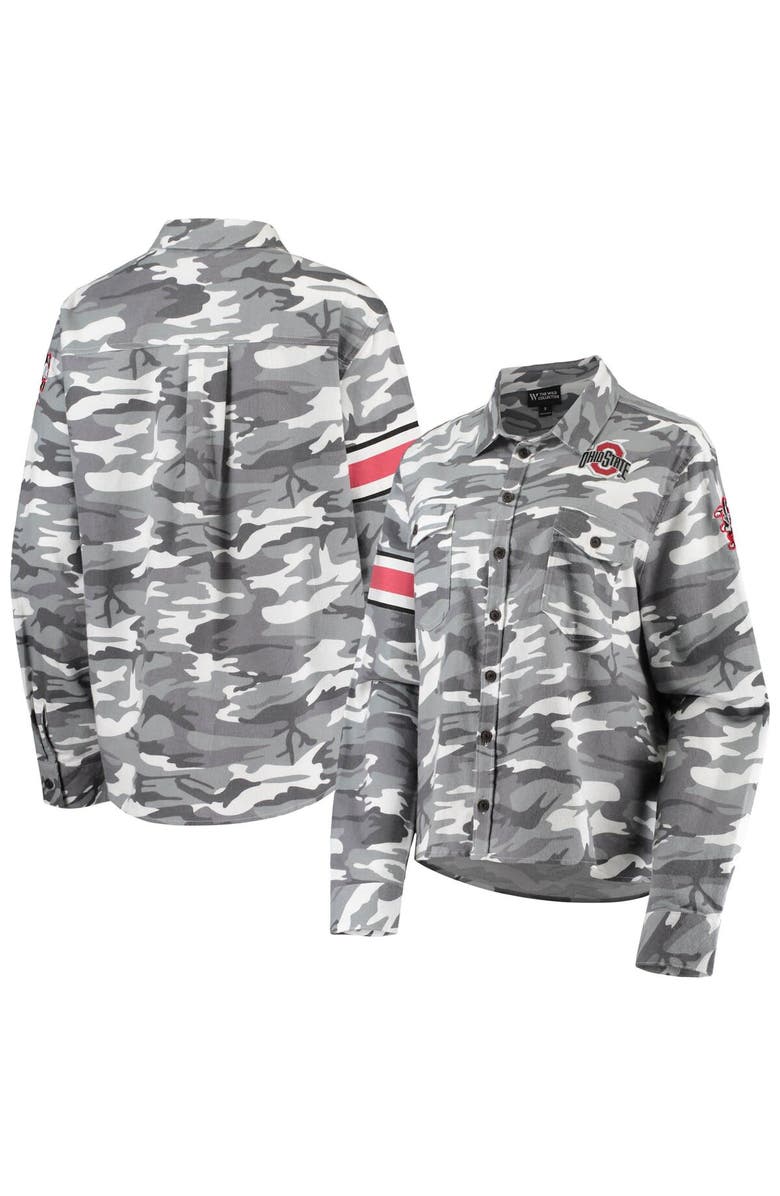 THE WILD COLLECTIVE Women's The Wild Collective Gray Ohio State Buckeyes Camo Flannel Button-Up Long Sleeve Shirt, Main, color, Gray