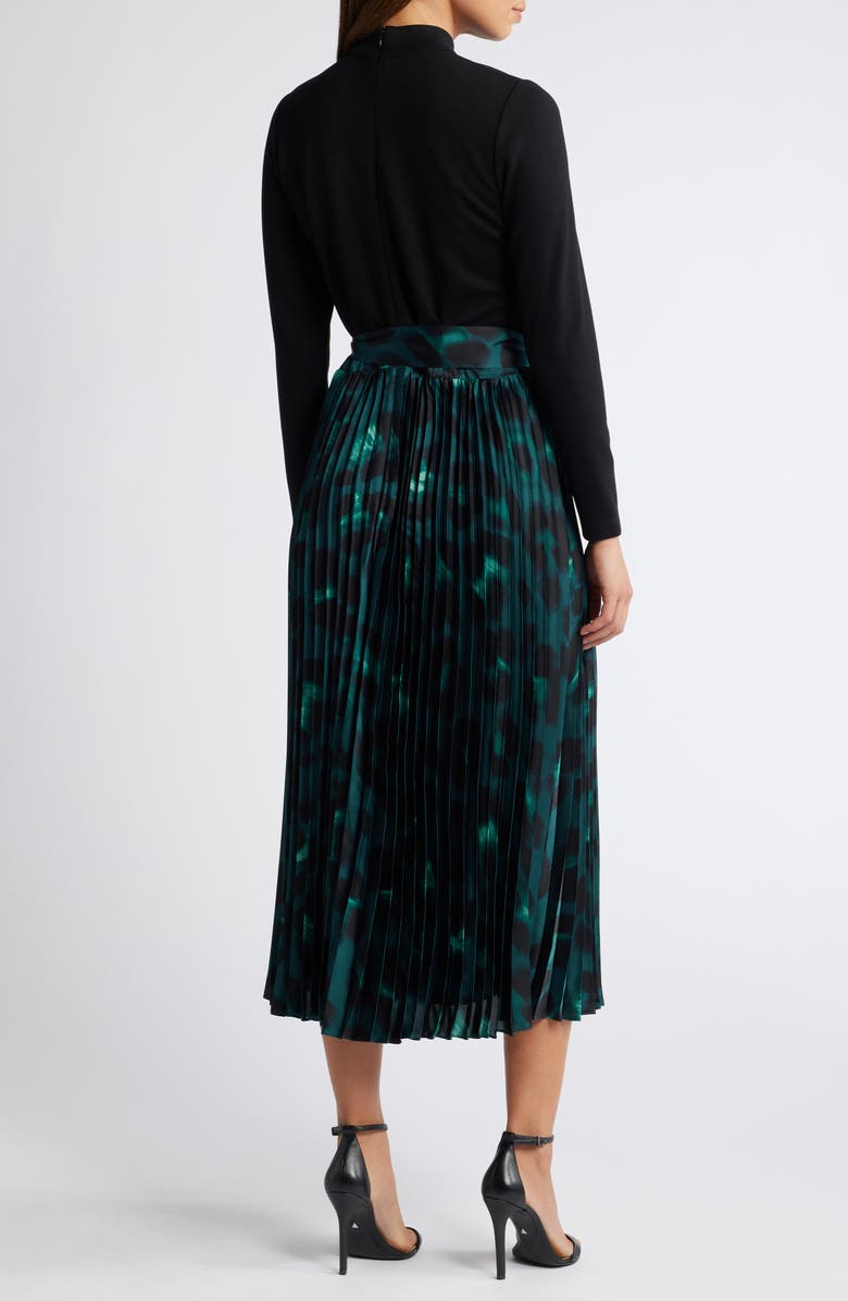 Anne Klein Pleated Tie Belt Long Sleeve Mixed Media Dress, Alternate, color,