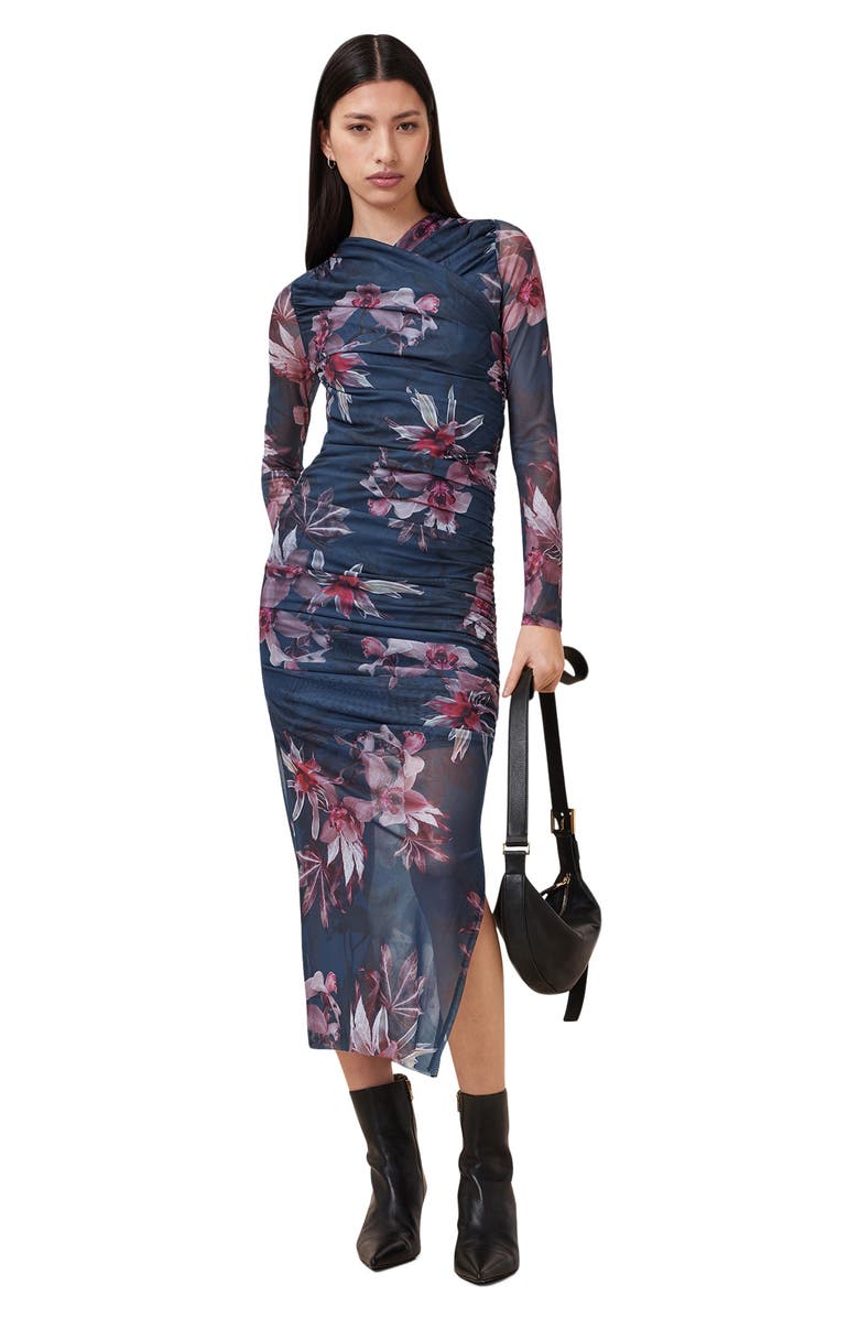 AllSaints Hanako Long Sleeve Mesh Midi Dress, Alternate, color, Adena Deep Blue