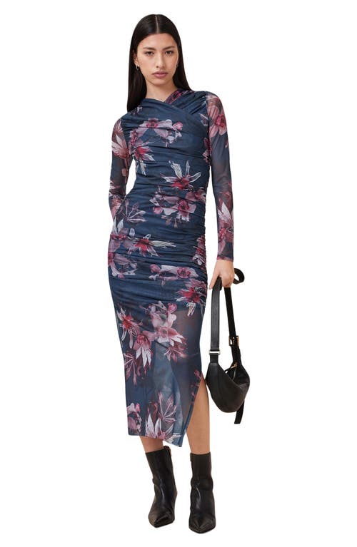 Allsaints Hanako Long Sleeve Mesh Midi Dress In Blue