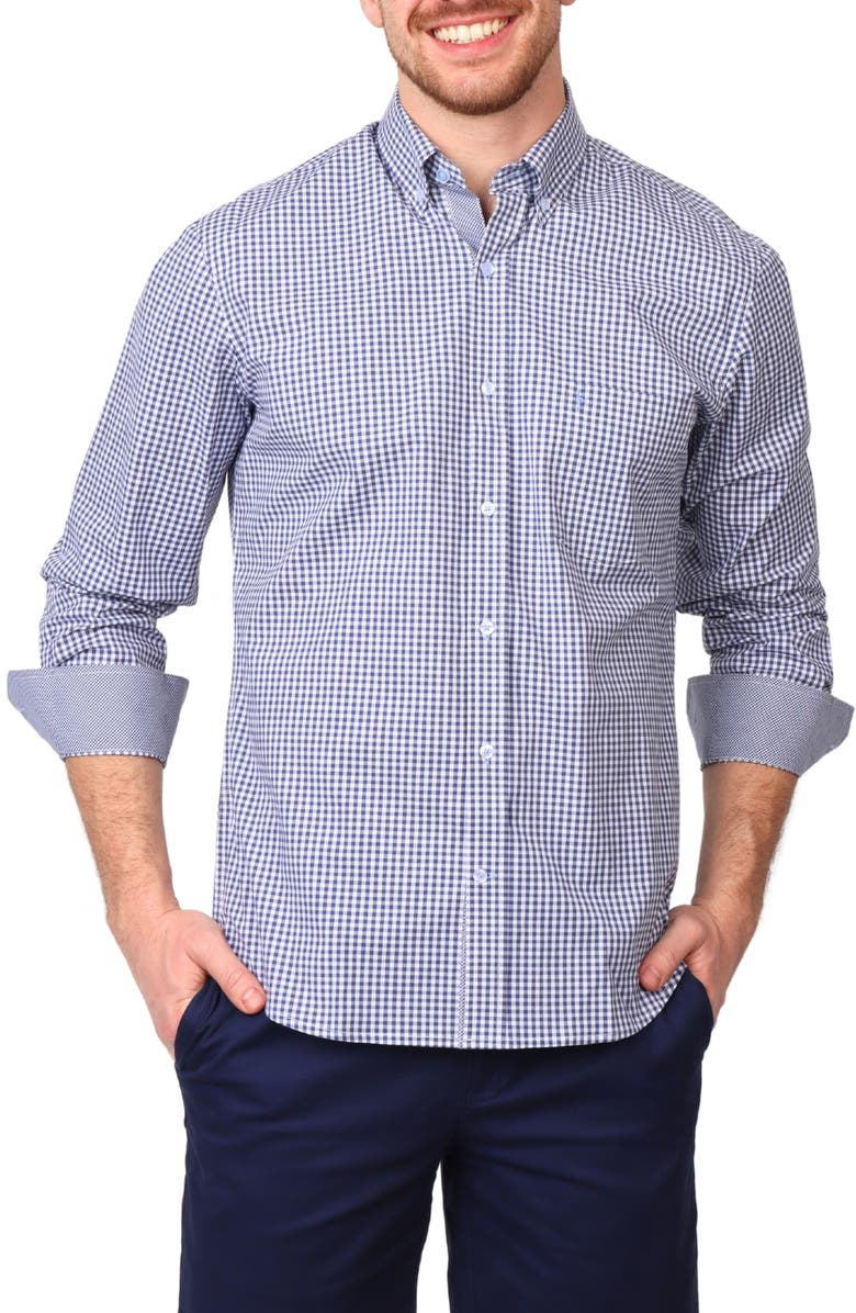 TailorByrd Gingham Stretch Cotton Button-Up Shirt, Main, color, Navy