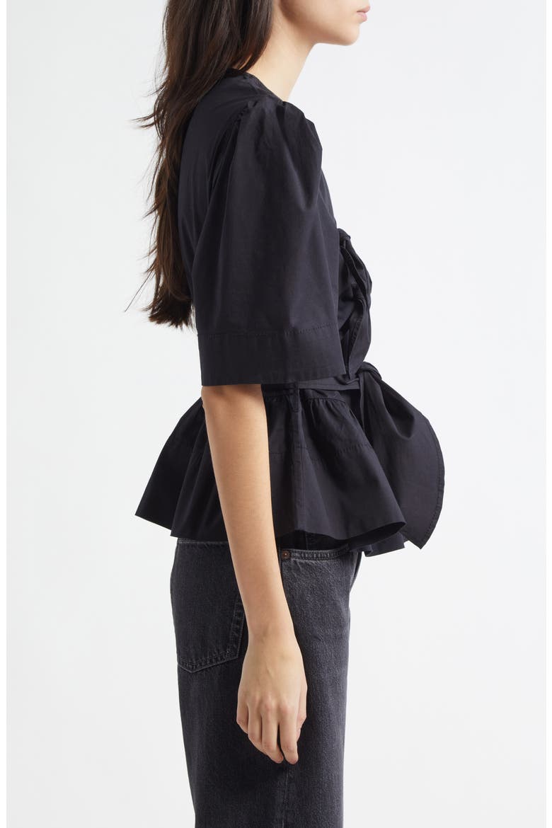 Bow Front Puff Sleeve Organic Cotton Poplin Top, Alternate, color, BLACK