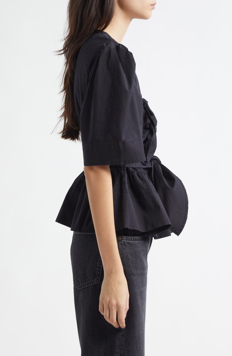 Ganni Bow Front Puff Sleeve Organic Cotton Poplin Top, Alternate, color, Black