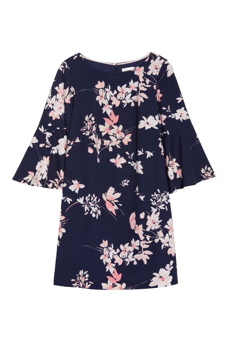 Floral Print Bell Sleeve Shift Dress, Alternate, color, NAVY/ PINK