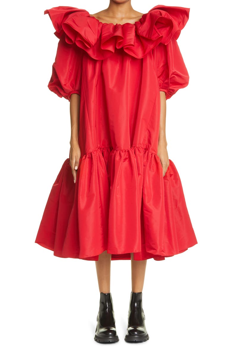 Alexander McQueen Ruffle Puff Sleeve Drop Waist Midi Dress, Main, color, WELSH RED