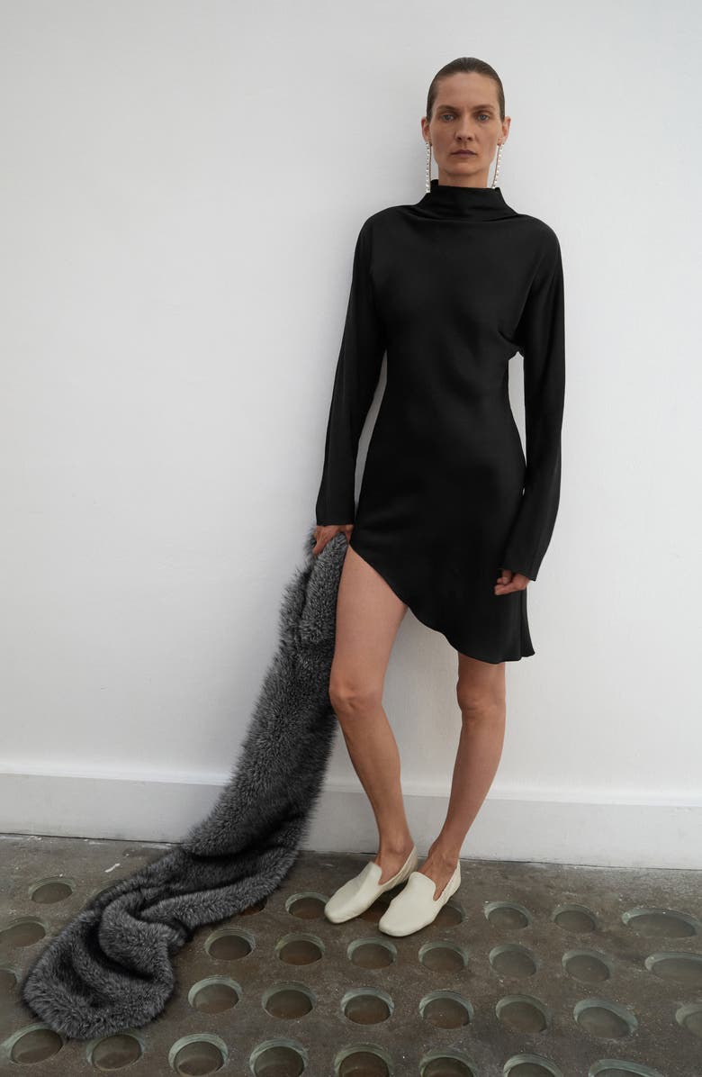 MANGO Selection Satin Long Sleeve Asymmetric Hem Dress, Alternate, color, Black