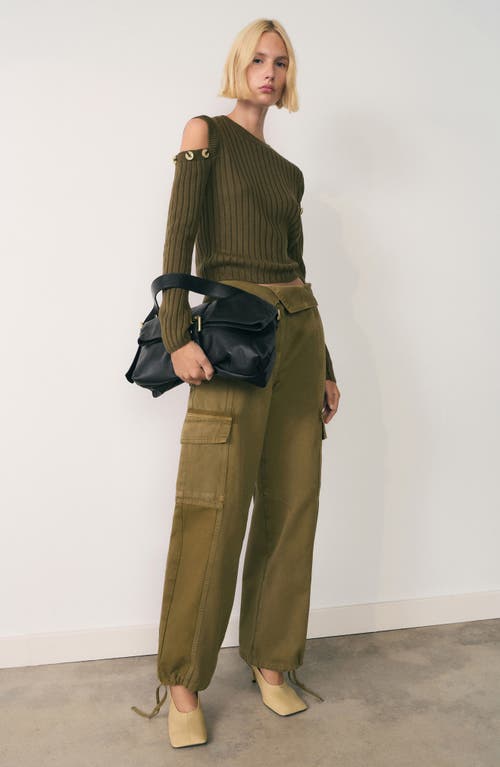 Shop Mango Convertible Cold Shoulder Rib Sweater In Khaki Green