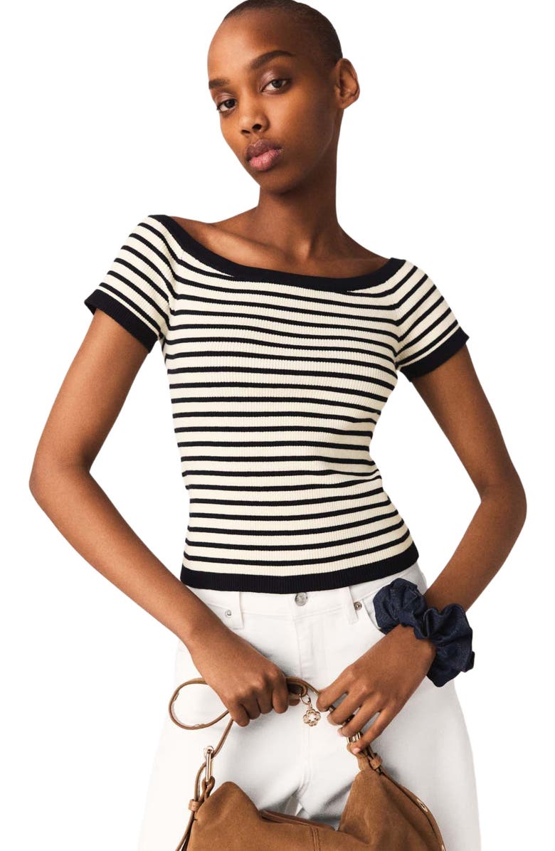 maje Rib knit top with boat neck, Alternate, color, Navy / Ecru