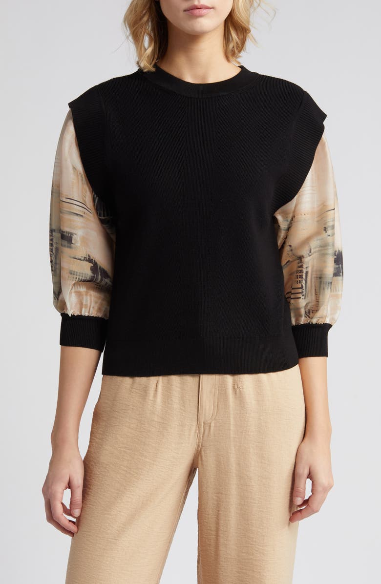 DKNY Organza Sleeve Mixed Media Sweater, Main, color, Black/ Ivory/ Sandalwood Multi