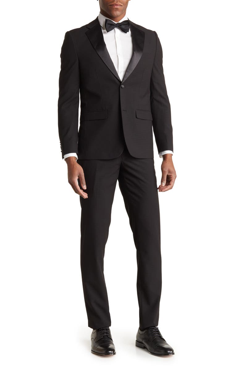 SOUL OF LONDON Tuxedo Notch Satin Lapel Suit, Main, color, Black
