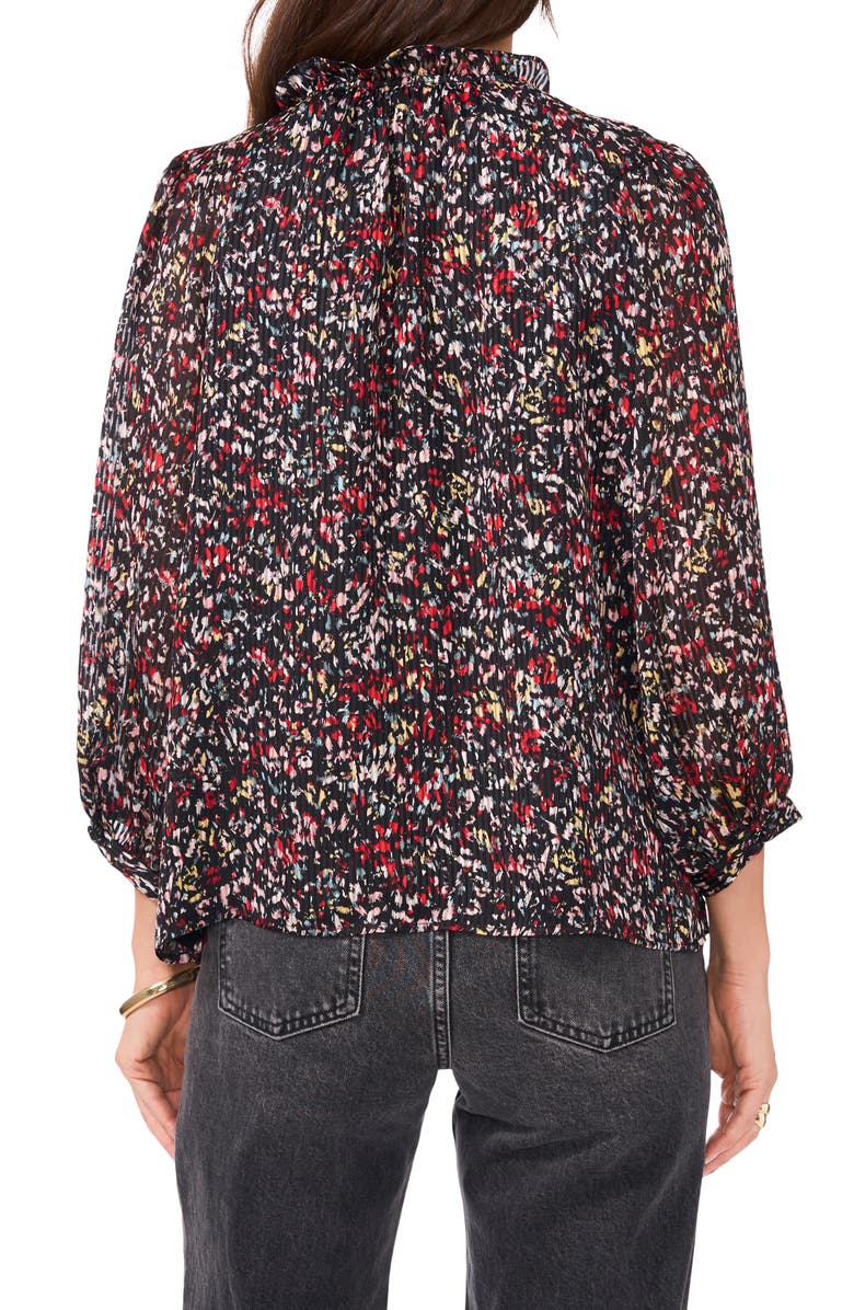 Vince Camuto Abstract Print Plissé Split Neck Top, Alternate, color, Rich Black