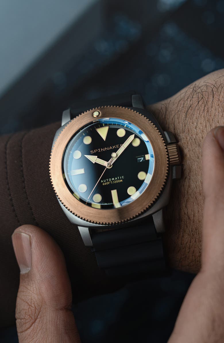 SPINNAKER Hull Titanium Bronze Automatic Lapidary Black Onyx Silicone Strap Watch, 42mm, Alternate, color, 