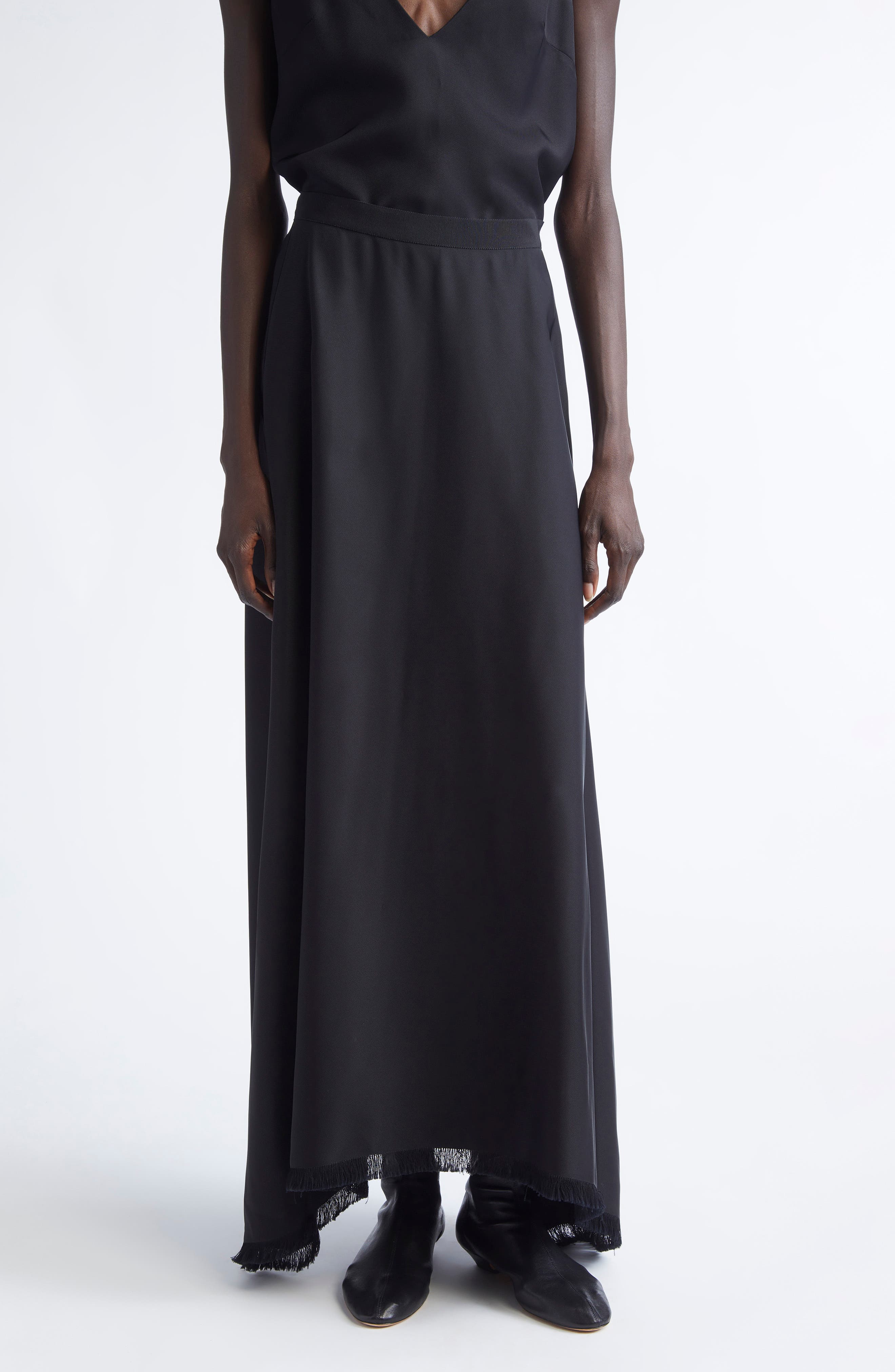 Ash Drape Fringe Trim Maxi Skirt