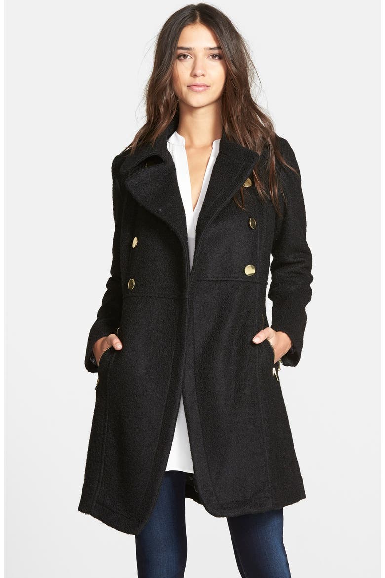 Double Breasted Bouclé Cutaway Coat, Main, color, BLACK