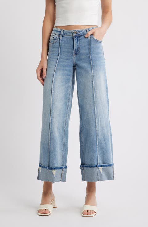 Pintucked Cuffed Wide Leg Jeans
