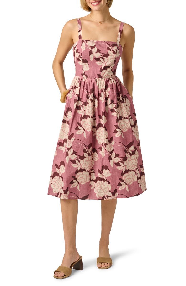 Adrianna Papell Floral Square Neck Fit & Flare Midi Dress, Main, color, Blush/ Ecru