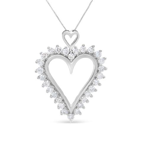 Silver 1 3/4 Cttw Round Diamond Lined Open Heart Pendant Necklace