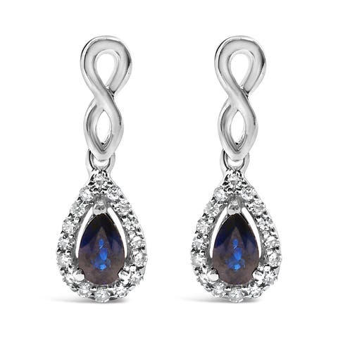 10K White Gold Pear Blue Sapphire 1/7 Ct Diamond Infinity Drop and Dangle Earrings