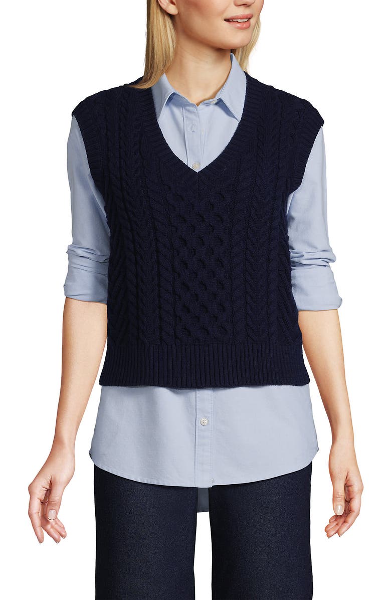 Lands' End Cotton Blend Cable Vest Sweater, Alternate, color, 