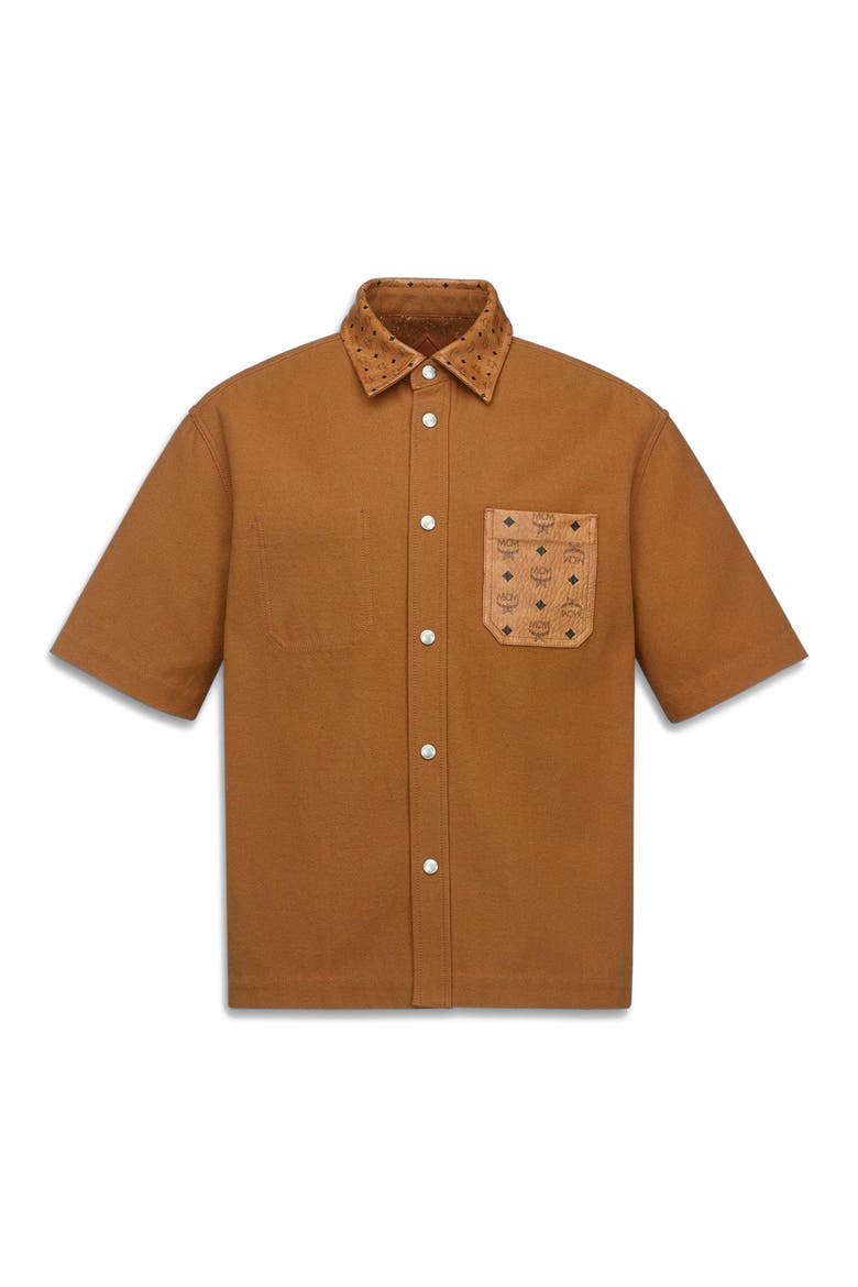Shirt in Cotton and Monogram Print Leather, Alternate, color, Cognac