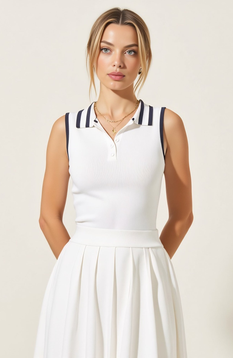 Modenaire Sleeveless Knit Midi Dress with Contrast Collar and Hem Detail, Alternate, color, White
