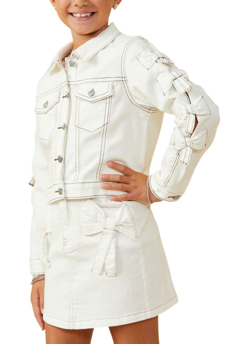 Kids' Bow Detail Cropped Denim Jacket, Alternate, color, OFF WHITE