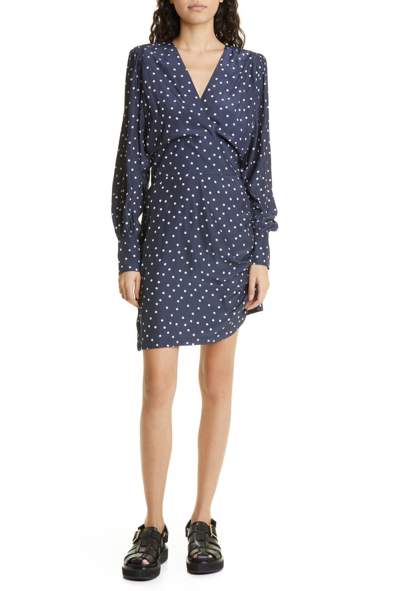 Asymmetric Drape Long Sleeve Minidress, Main, color, NAVY/ WHITE DOT
