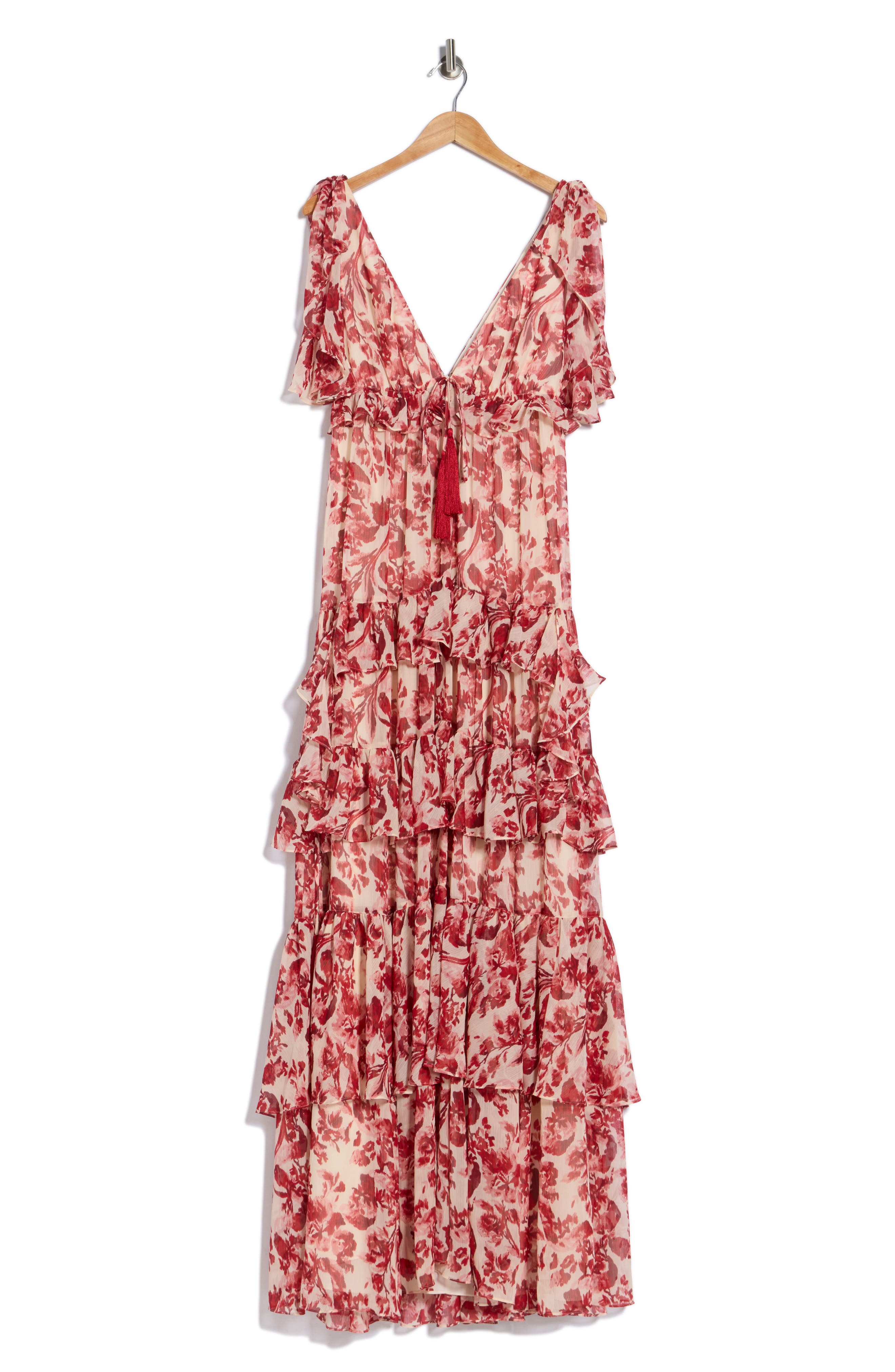 Cinq à Sept Omelia Floral Flutter Sleeve Tiered Chiffon Gown