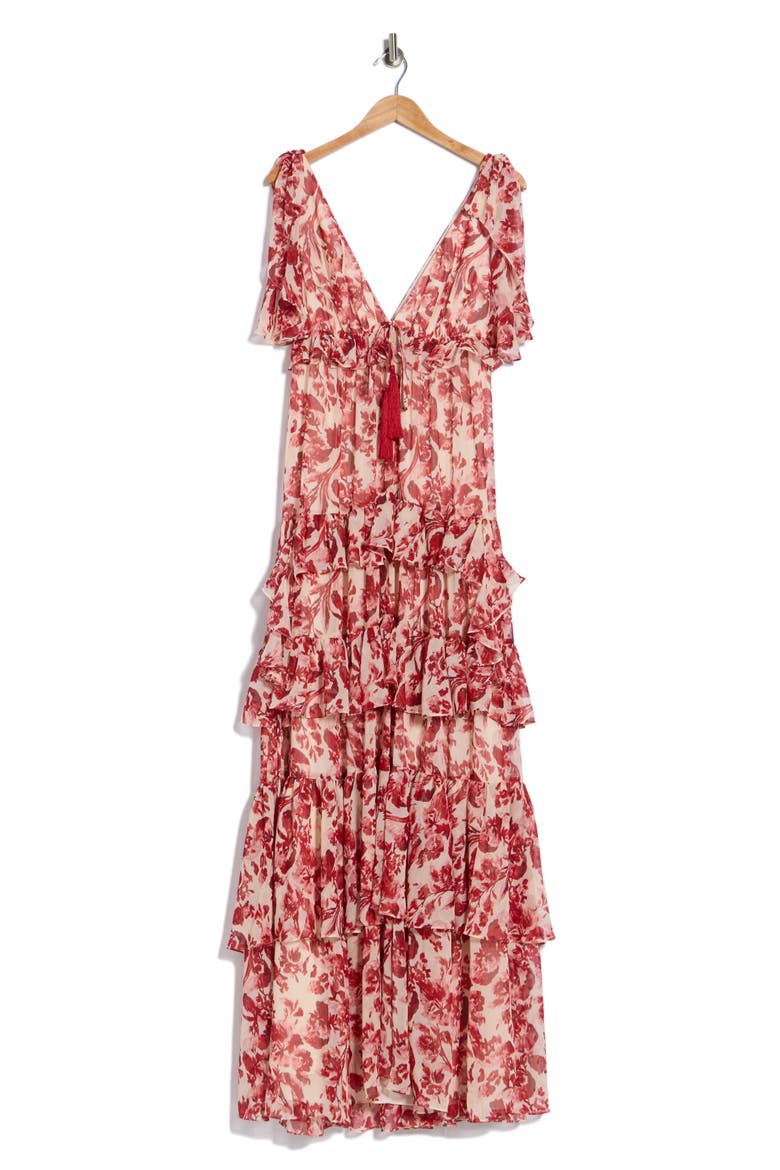 Omelia Floral Flutter Sleeve Tiered Chiffon Gown, Alternate, color, CHERRY ROSE MULTI