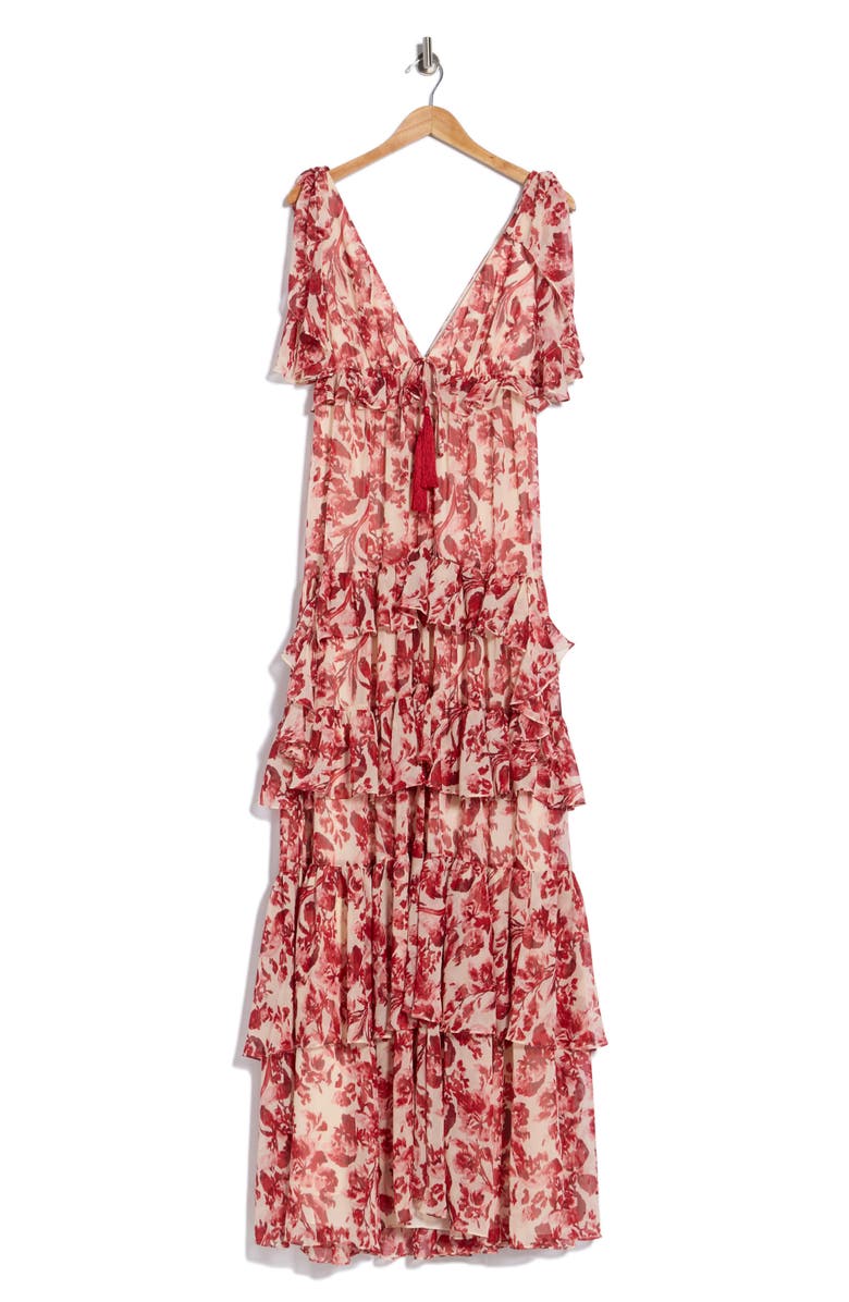 Cinq à Sept Omelia Floral Flutter Sleeve Tiered Chiffon Gown, Main, color, Cherry Rose Multi