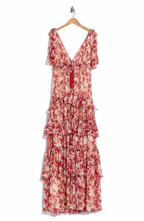 Cinq à Sept Omelia Floral Flutter Sleeve Tiered Chiffon Gown