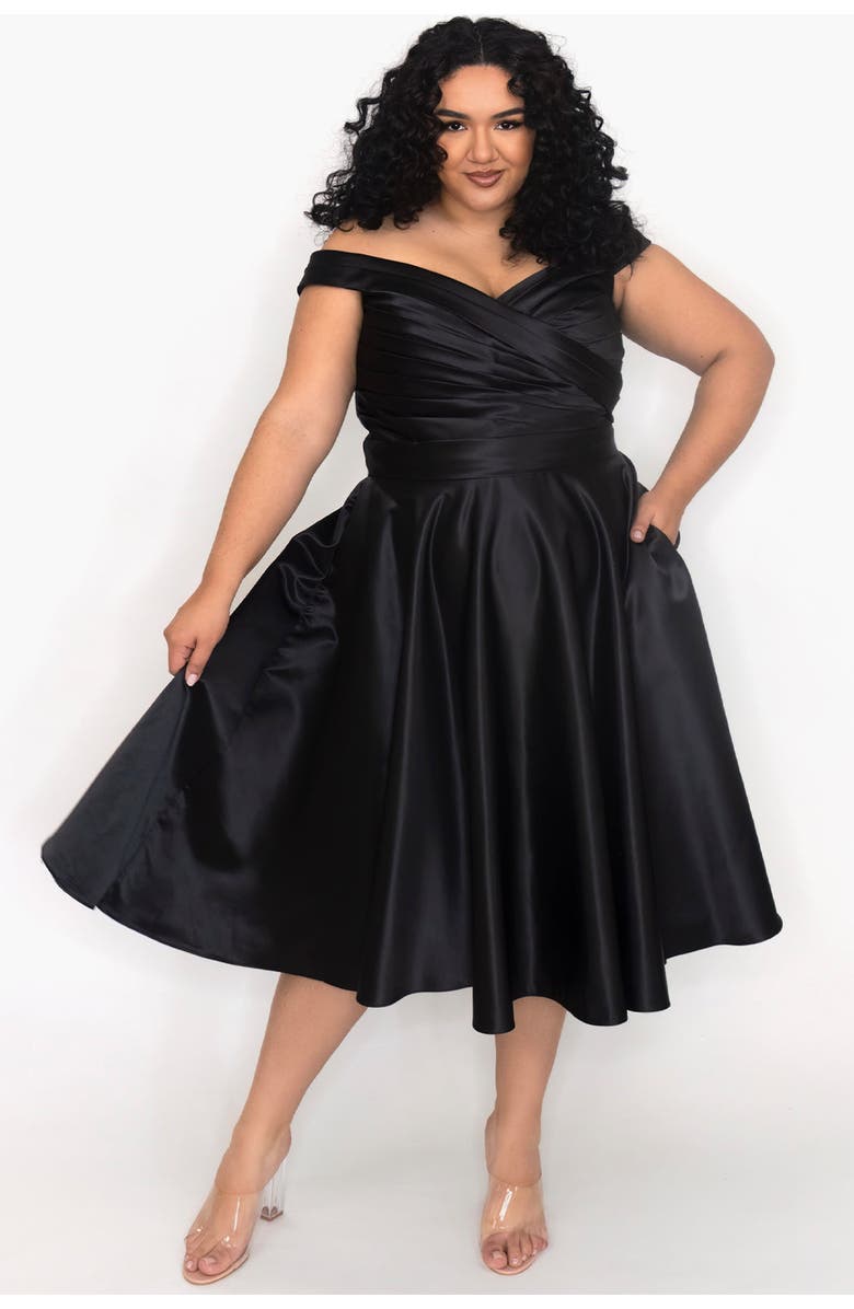 Celebrations by Sydney's Closet Off-The-Shoulder Pleated Plus Size Party Dress, Main, color, Onyx