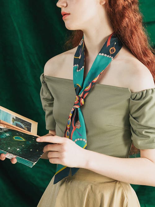 Lost Pattern Nyc "peacock" Silk Twill Skinny Scarf In Green