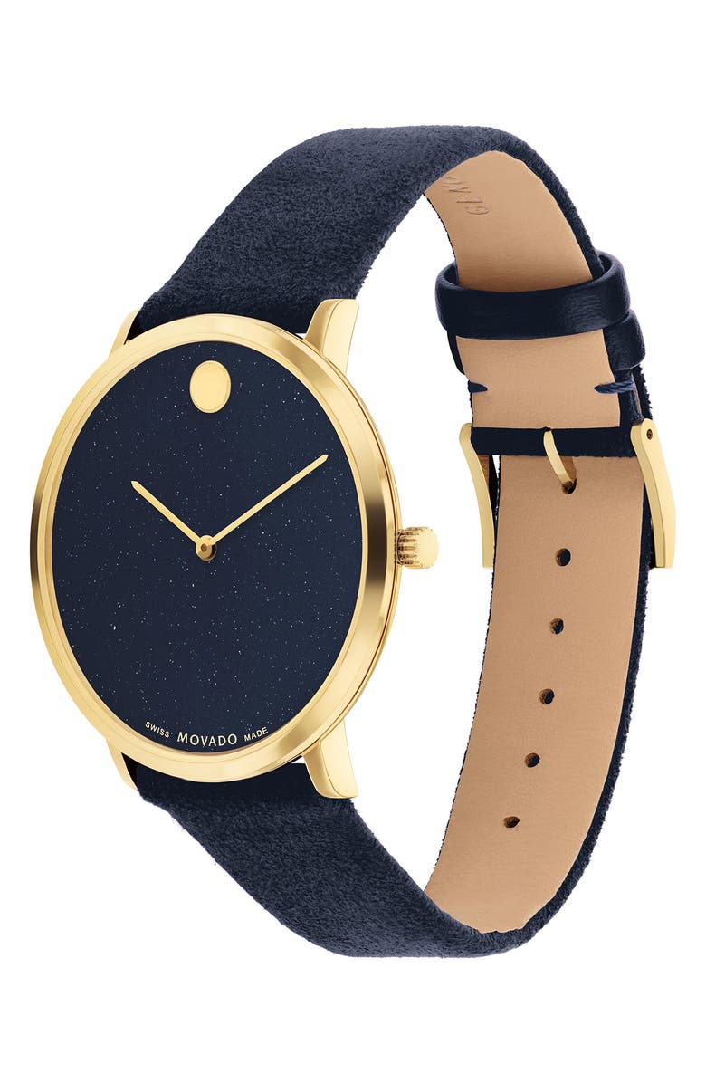 Movado Modern 47 Faux Leather Strap Watch, 40mm x 6.3mm, Alternate, color, Blue Dial