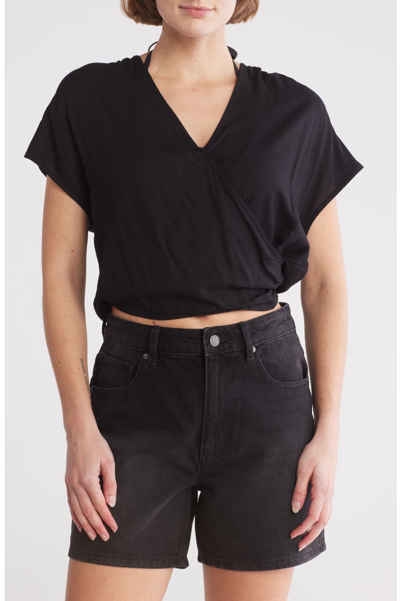Short Sleeve Faux Wrap Cover-Up Crop Top, Main, color, BLACK