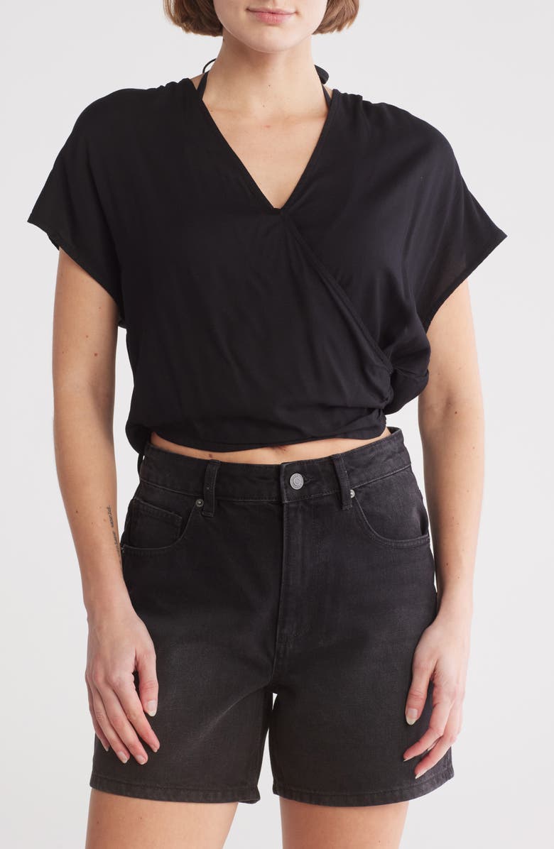 Elan Short Sleeve Faux Wrap Cover-Up Crop Top, Main, color, Black
