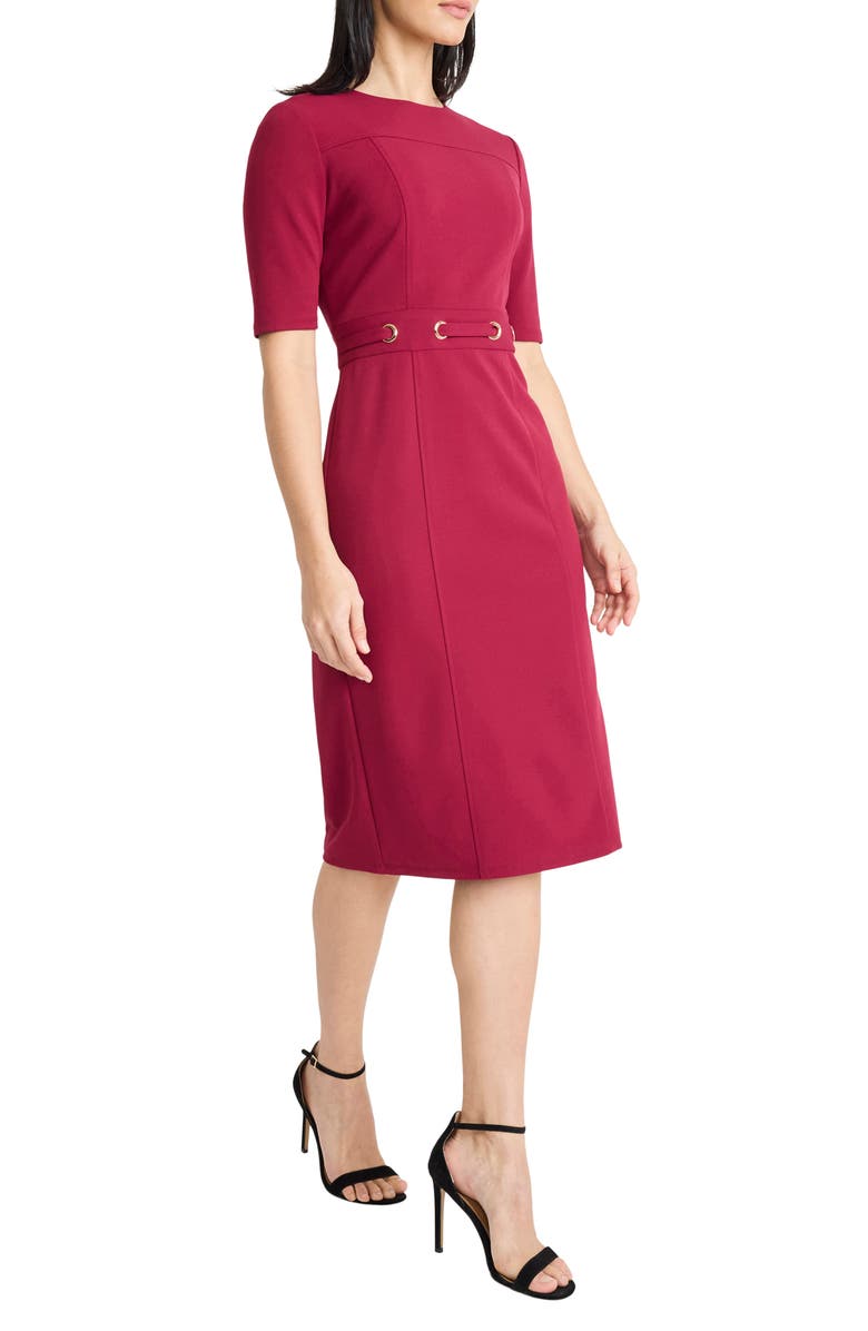 Maggy London Elbow Sleeve Grommet Waist Sheath Dress, Alternate, color, Beet Red
