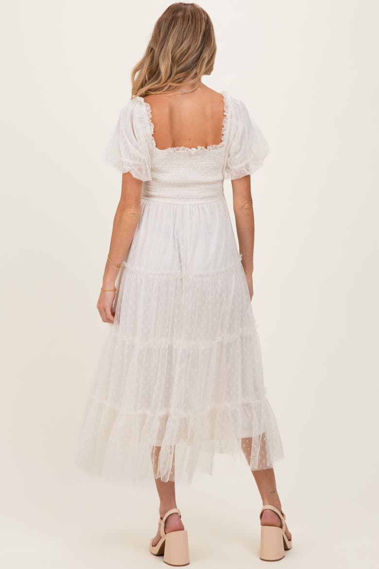 Pink Tulle Tulle Puff Sleeve Smocked Midi Dress, Alternate, color, Cream