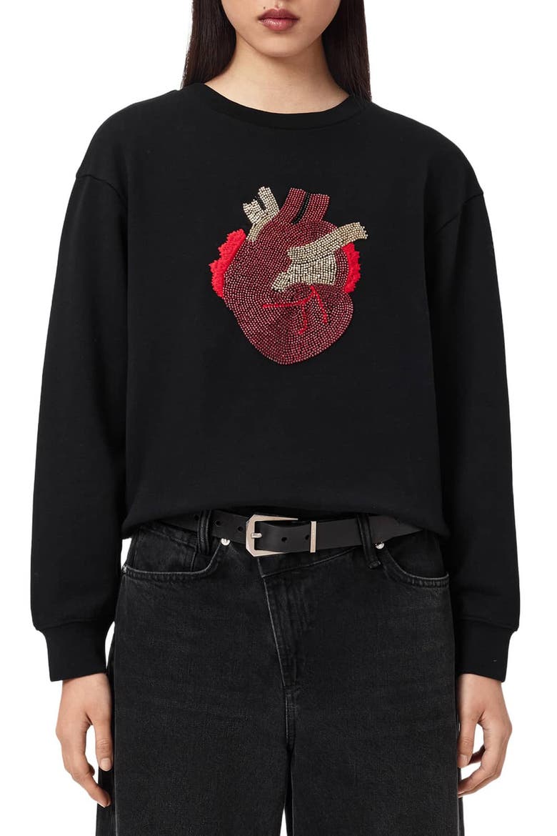 Andrea Pippa Embellished Beaded Heart Sweatshirt, Main, color, BLACK