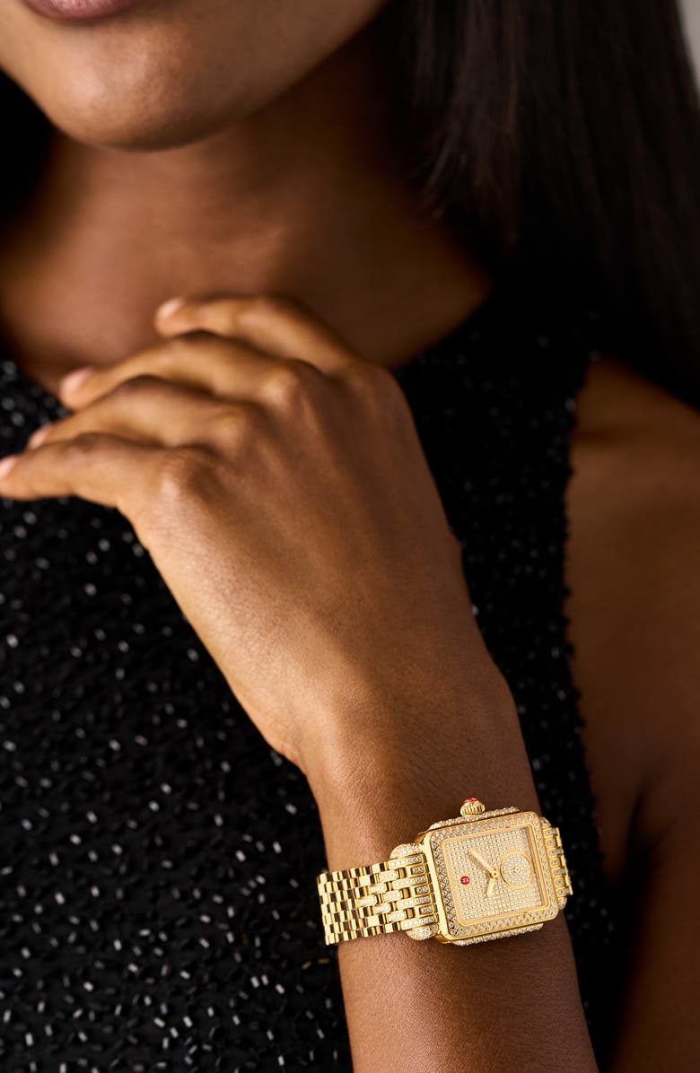 MICHELE Deco Mid Jubilee Limited Edition Diamond Pavé Chronograph Bracelet Watch, 29mm x 31mm, Alternate, color, Gold