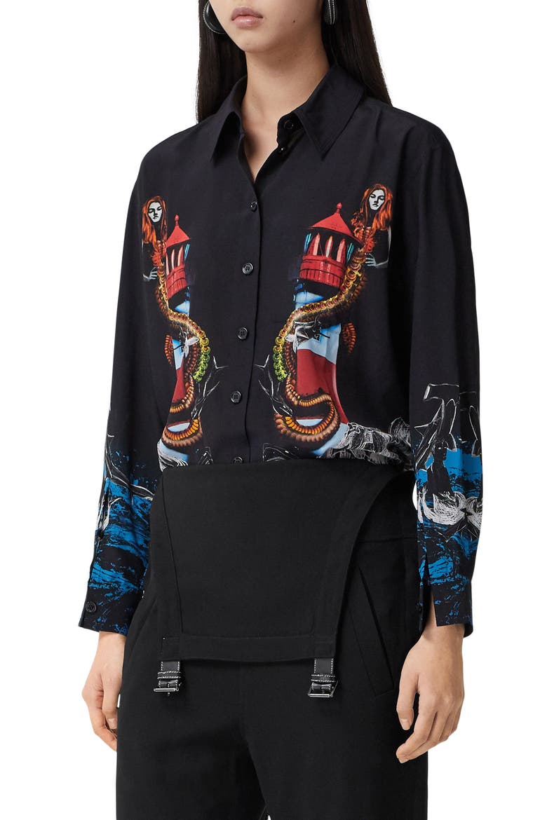 Carlota Mermaid Button-Up Silk Blouse, Main, color, BLACK IP PAT