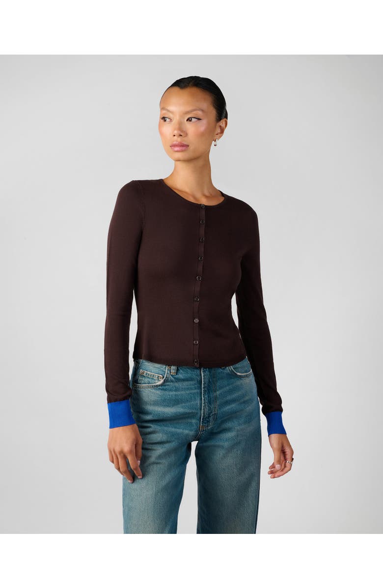 WeWoreWhat Fine Knit Cardigan, Main, color, Coffee/Ryal Blu