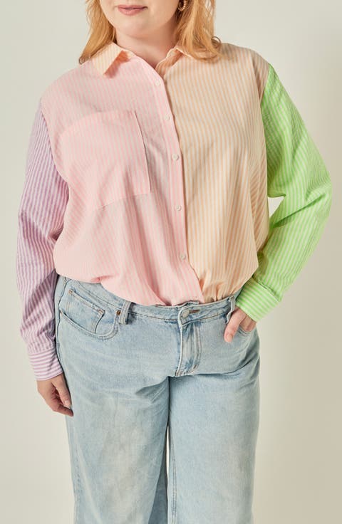 Striped Color Block Button-Up Shirt