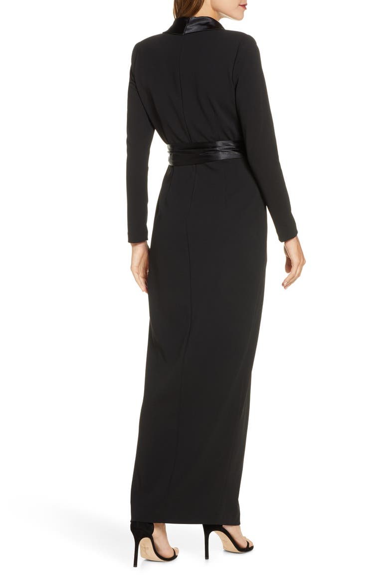 Tuxedo Faux Wrap Long Sleeve Gown, Alternate, color, BLACK