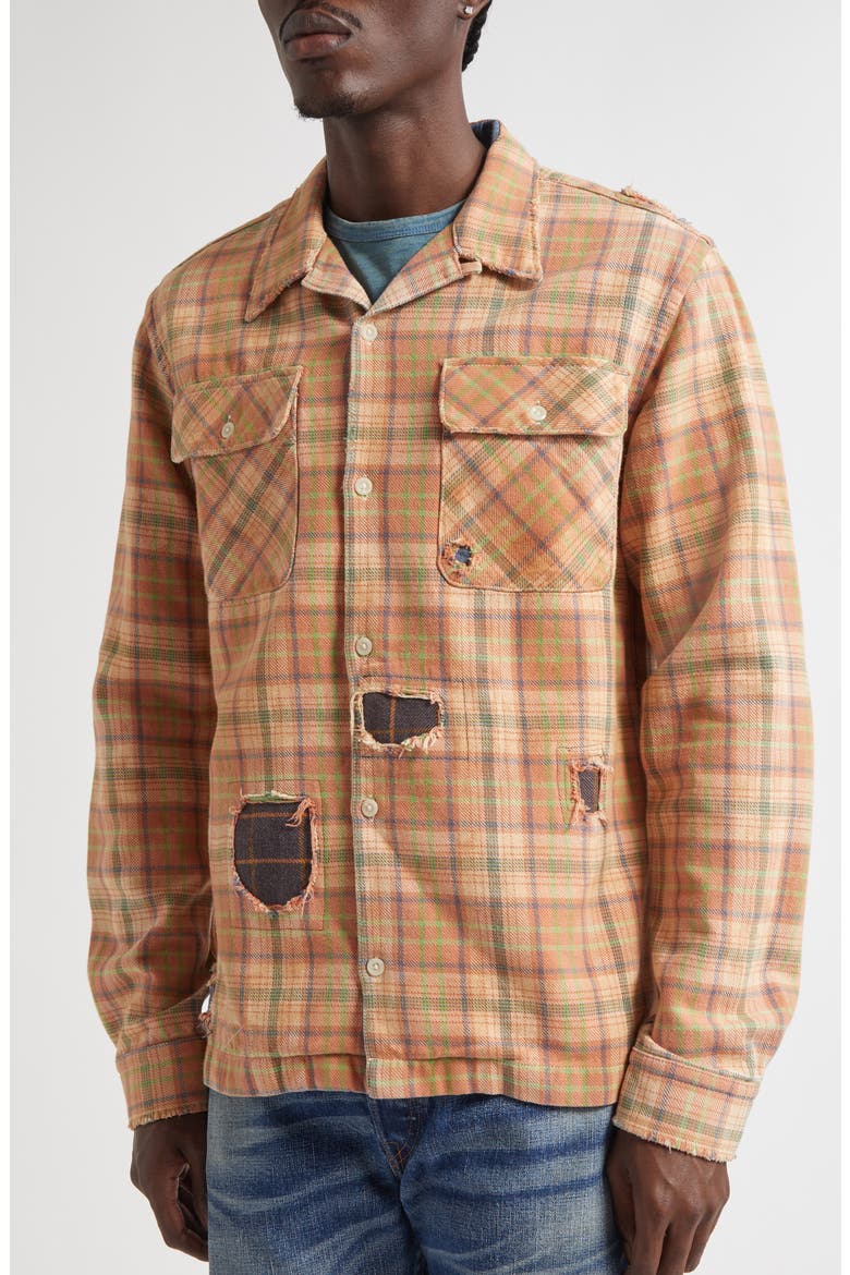 Plaid Rip & Repair Cotton Twill Button-Up Overshirt, Alternate, color, RL-719 ORANGE MULTI