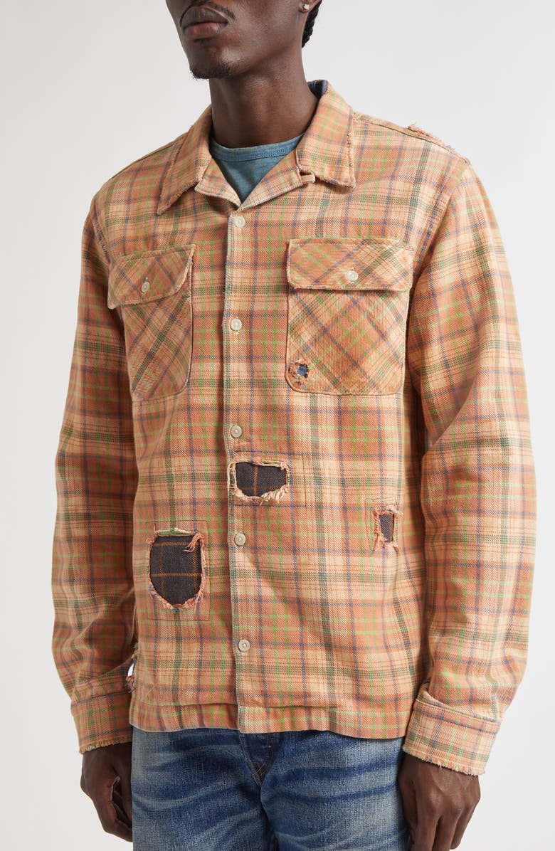 Double RL Plaid Rip & Repair Cotton Twill Button-Up Overshirt, Alternate, color, Rl-719 Orange Multi