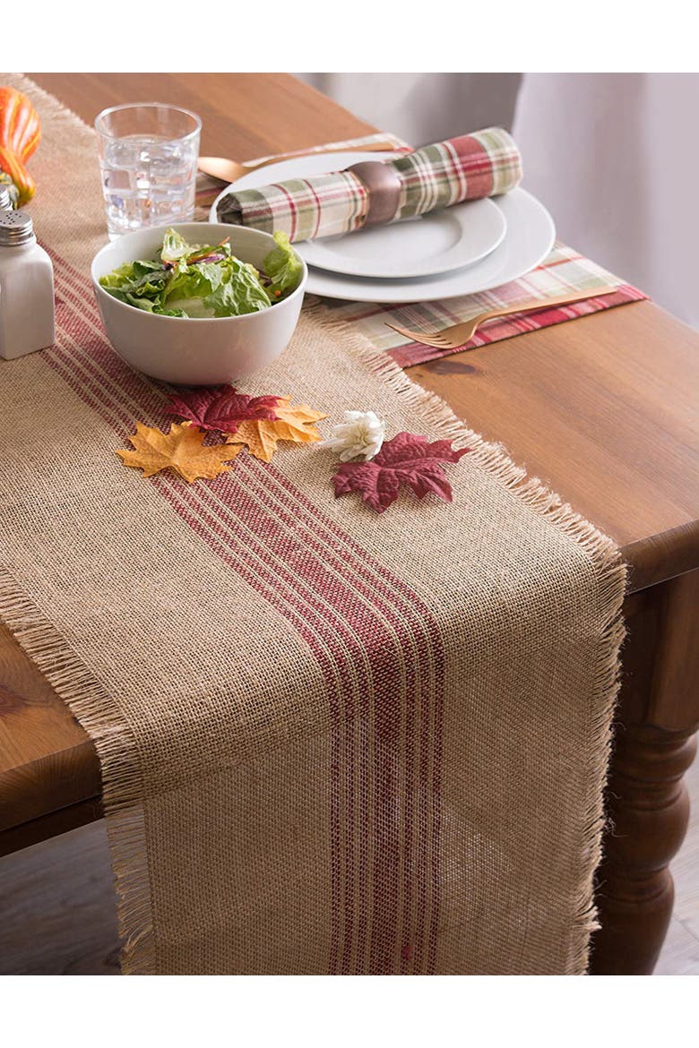 Middle Stripe Burlap Table Runner 14x72", Alternate, color, Barn Red